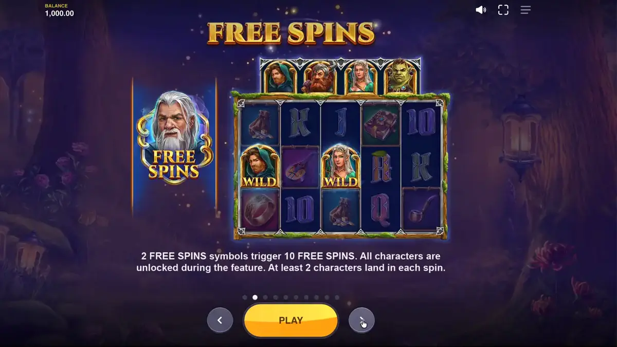 Pemandangan hutan mistis dengan karakter pahlawan dalam slot Land of Riches