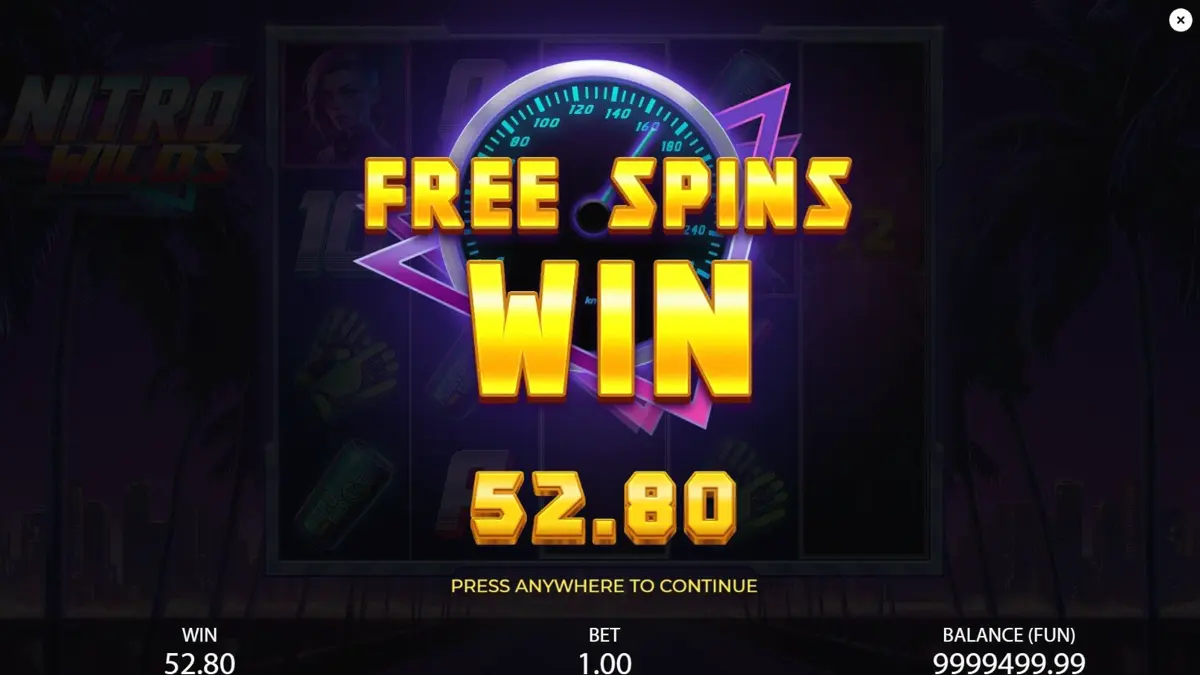 Tampilan visual neon retro dari slot Nitro Wilds dengan elemen balap jalanan.